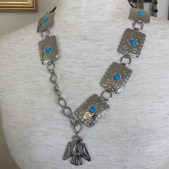 Vintage Costume Silver Tone Native American Turquoise Thunderbird Neckla… - Picture 2 of 9
